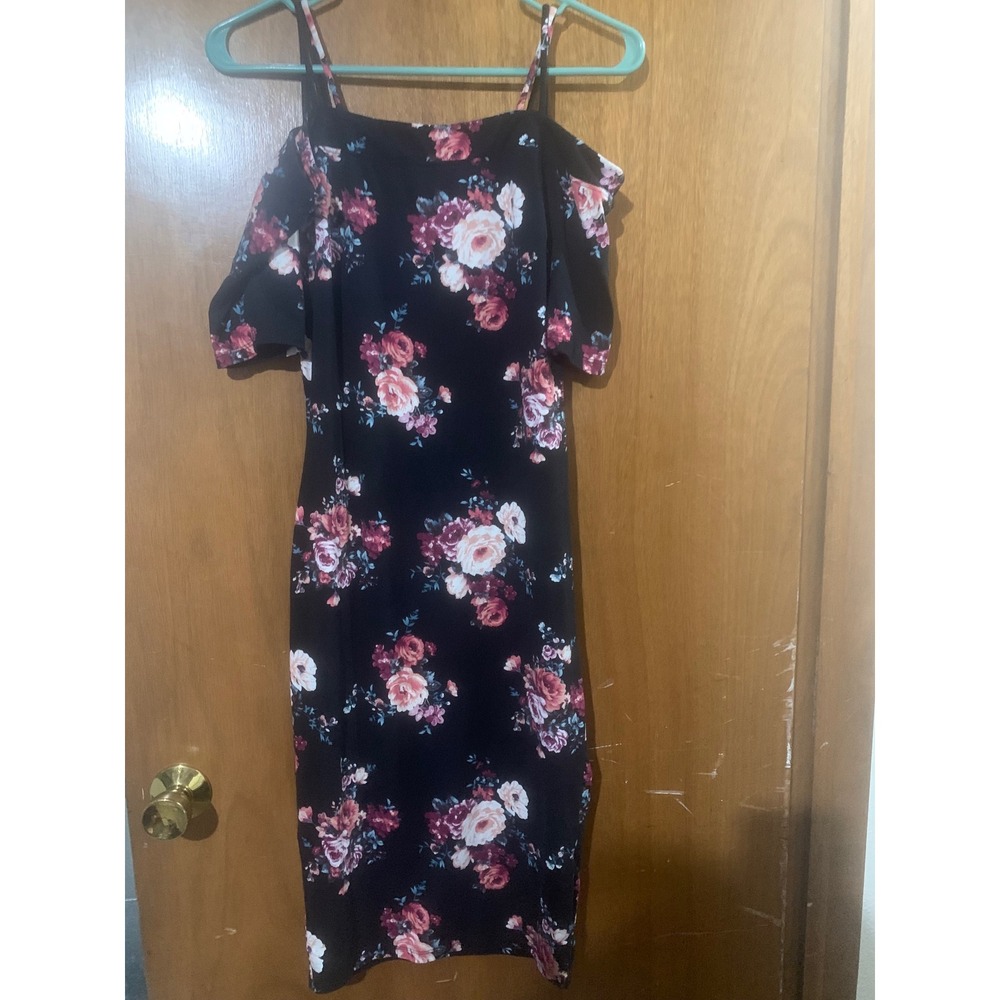 Haute Monde Black Floral Cold Shoulder Midi Dress Womens Medium Rose Print